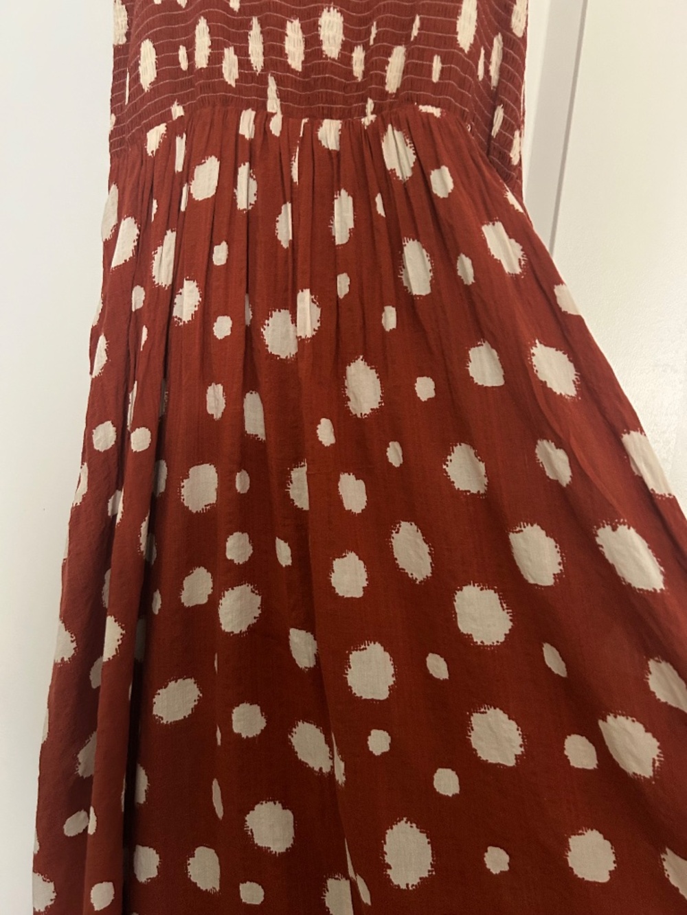 Smocked white polka dot orange dress M - Picture 4 of 6